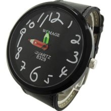 Pencil Hands Quartz Women Girls Big Dial Wrist Watch Leather Strap Black