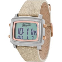 Penguin Unisex Tony Digital Stainless Watch - Beige Leather Strap - Rose Gold Dial - OP-1017SL