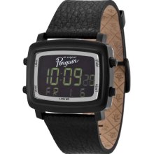 Penguin Unisex Tony Digital Stainless Watch - Black Leather Strap - Black Dial - OP-1017BK