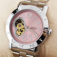 Pink Face Womens Stainless Steel Mechanical Wristwatch Fashion Gold Skeleton