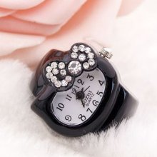 Pretty Cat Shape Crystal Plated Case Black Womens Ladies Girls Ring Watch