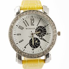 PU Big Dial Leather Band Crystal Characteristic Women Girl Ladies Wrist Watch - Yellow