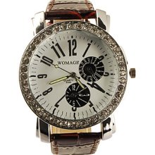 PU Big Dial Leather Band Crystal Characteristic Women Girl Ladies Wrist Watch - Brown