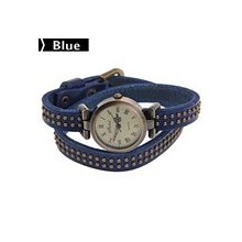 Pu Leather Quartz Analog Wrist Bracelet Watch Bangle Wristlet With Rivet Blue