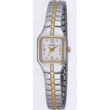 Pulsar Ladies` 2 Tone Expansion Watch W/ Square Face & White Dial