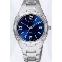 Pulsar Men`s Stainless Steel Watch W/ Round Blue Dial & Arabic Numeral