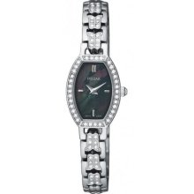 Pulsar Women's PEGC95 Crystal Accented Dress Silver-Tone Black Mother of Pearl Dial Watch