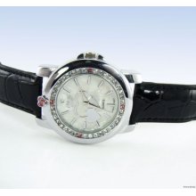 Pulse Femme Women's Silvertone Crystal Accent Heart Dial Black Leatherette Watch