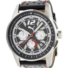 Puma Mens Motor Race Luminous Chronograph Stainless Watch - Black Leather Strap - Black Dial - PU101951008