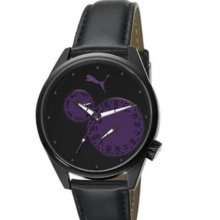 Puma Womens Motor Purple Dial Black Ip Stainless Steel Case Leather Watch