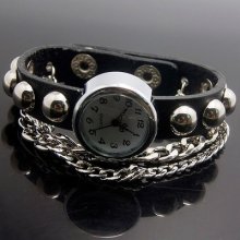 Punk Strap Leather Quartz Big Dial Stainless Steel Chain Men's Watch Wristwatch