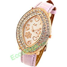 Purple Leather Watchband Oval Golden Watch Case Ladies' Quartz Wrist Watch