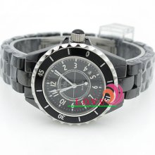 Quartz Analog Display Date Waterproof Ceramic Bracelet Women's Wrist Watch Black