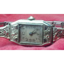 Rare Art Deco ILLINOIS17 jewel 14K GF Ladies watch with Floral crown and Filigree GF band works Just Serviced Look and Shop Now