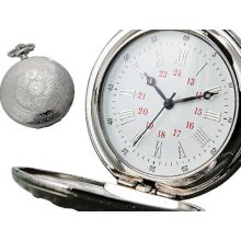 Rare Silver Tone Airplane Case 12/24 Hour Pocket Watch