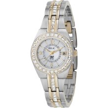 Relic Ladies Calendar Date Watch w/Crystal White Mother-of-Pearl Dial & GT/ST Band