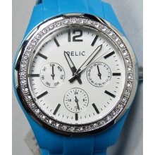 Relic Swarovski Crystal Watch With Blue Plastic Bracelet Zr15605 Tagged$75.