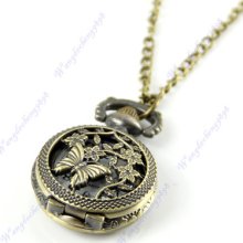 Retro Vintage Bronze Butterfly Flower Hollow Quartz Pocket Watch Necklace Chain