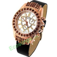 Rhinestone Ladies Copper Wrist Watch Leather Strap