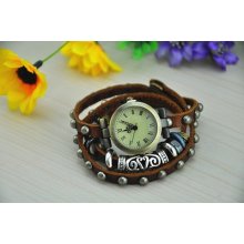 Rivet Style Quartz Roman Characters Leather Women Bracelet Wrist Watch Fbw005