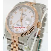 Rolex 116231 Datejust 18k Pink Gold & Steel White Roman Dial Men's Watch