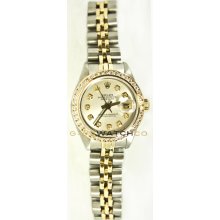 Rolex Ladys Stainless Steel & 18K Gold Datejust Model 69173 Jubilee Band Custom Added Silver Diamond Dial & Diamond Bezel