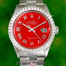 Rolex Mens Datejust Red Oyster Date Diamond Stainless Steel Roman Quickset Watch