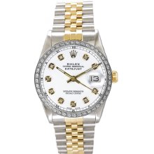 Rolex Men's Datejust Two Tone Custom Diamond Bezel & White Diamond Dial