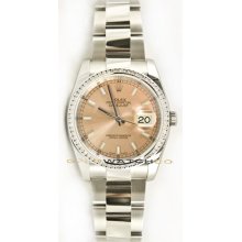 Rolex Mens New Style Heavy Band Stainless Steel Datejust Model 116200 Oyster Band Pink Stick Dial & Diamond Bezel