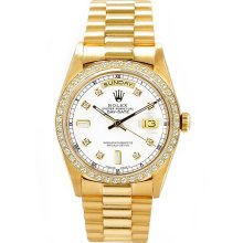 Rolex Men's President Yellow Gold Custom Diamond Bezel & White Diamond Dial