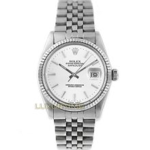 Rolex Mens Watch Ss Datejust 16014 White Stick Dial 18k Gold Fluted Bezel Mint