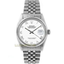 Rolex Mens Watch Ss Datejust 16014 White Roman Dial 18k Gold Fluted Bezel Mint