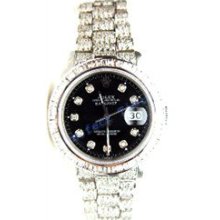 Rolex Steel Datejust W/ Custom Made White Gold Full Diamond Band, Baguette Bezel w/ Black Dial - 80s