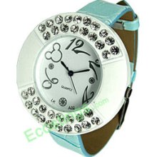 Round Design Dial + Rhinestone Ladies Leather Band Watch Sky Blue