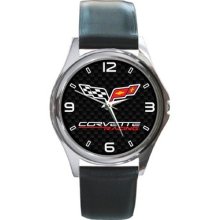 Round Metal Leather Watch Corvette Racing Carbon Fiber