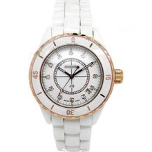 Round Quartz Ladies Ceramic Elegant Fashion Gold/white With Diamond Wrist Watch