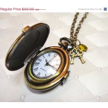 Sale 25% Off Steampunk Victorian Detailed Pocket Watch Necklace With Keys And Glass Charm