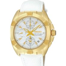 Seiko Ladies Gold Stainless Steel Case Quartz White Dial Velatura Chronograph Leather Strap SNDY22