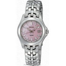 Seiko Ladies Stainless Steel Date Watch - Pink Mother of Pearl Dial -