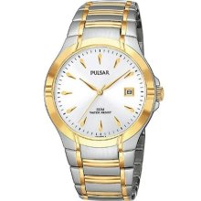 Seiko Pulsar $110 Mens Two-tone Silver W/ Gold Accents, Date Dress Watch Pg8100