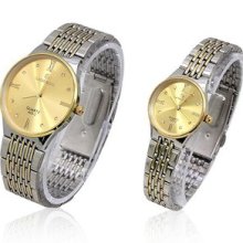 Shiny Rhinestone Round Dial Stainless Steel Band Quartz Couple's Wrist Watch