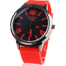 Silicone Band Big Dial Wrist Quartz Watch For Women Men (Red)