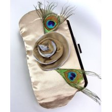 Silky Beige Satin Flower Peacock Feathers Clutch Evening Purse Bag - Beige - Satin