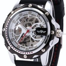 Silver Case Mens Skeleton Automatic White Dial Mechanical Silicone Watch Usts