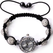 silver shambala beads adjustable watch with hematite beads and round rhinestone studded dial