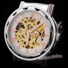 Silver Tone Luxury Gold Skeleton Mens Stainless Auto Mechanical Wrist Watch