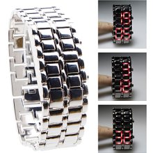 Silvery Metal Strip Digital Style Lava Iron Sport Mens Red LED Faceless Wrist Watch