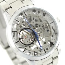 Silvery Tone Steel Skeleton Mens Hand-wind Mechanical Blue Hand Wrist Watch