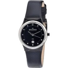 Skagen Ladies Denmark Twisted Topring Black Dial Leather Band Watch 880lblbs