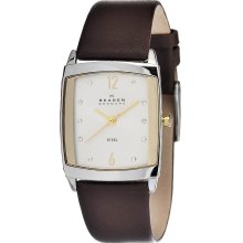 Skagen Womens Crystal Analog Stainless Watch - Brown Leather Strap - White Dial - 691SSLG
